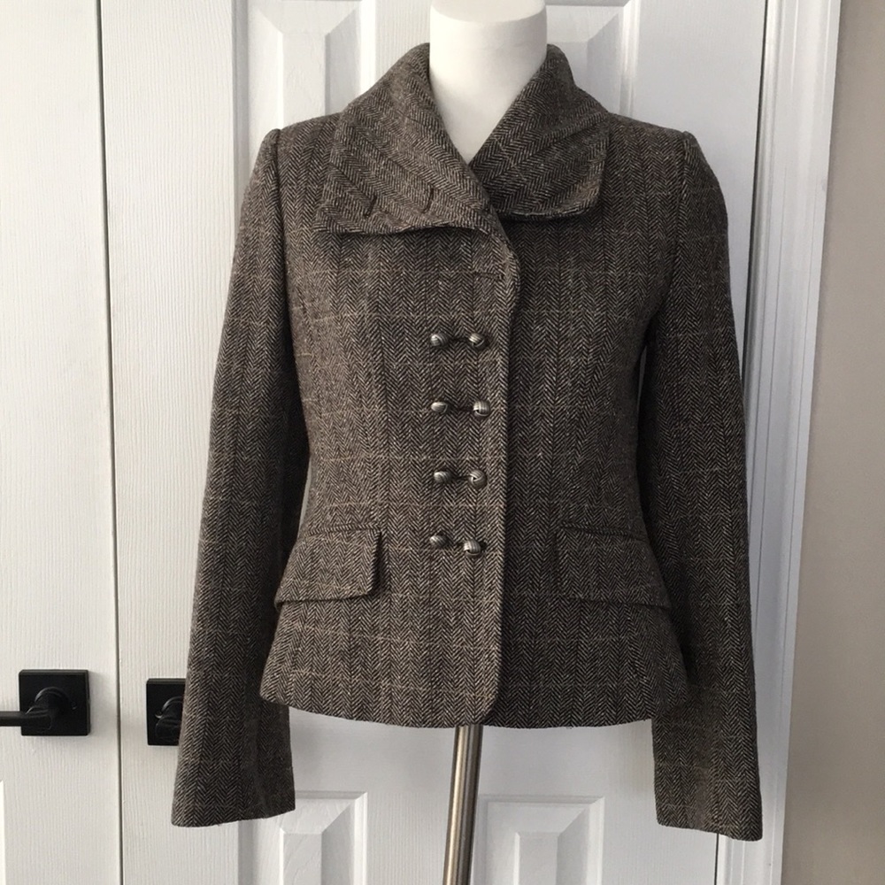 H&M ITALY FINE BALMORAL PLAID WOOL LINED HIGH NECK COAT EUC
